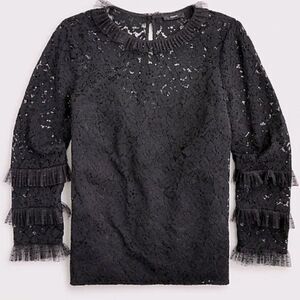 NEW J. Crew Womens Black Lace Tulle Top XXS Semi Sheer Long Sleeve Romantic